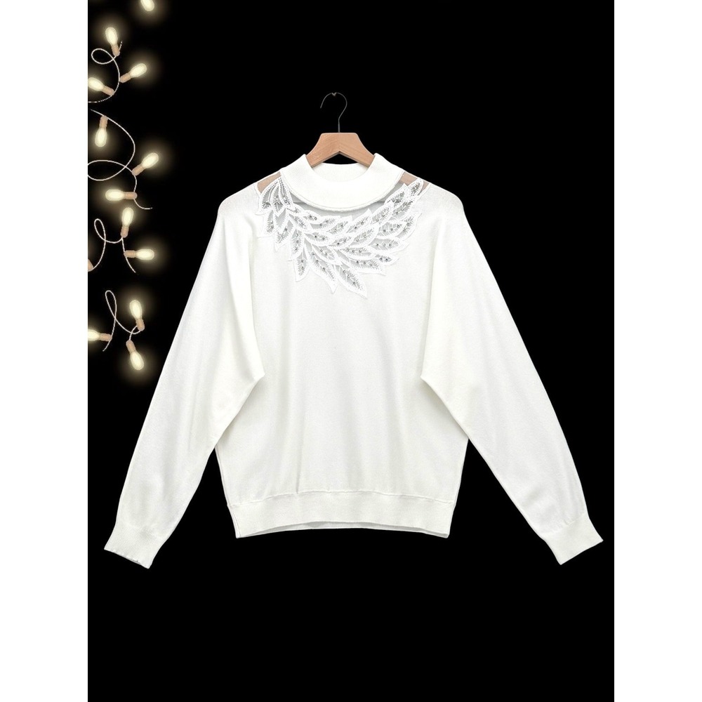 Tahari Embroidered Rhinestone Mesh Yoke Knit Sweater White L